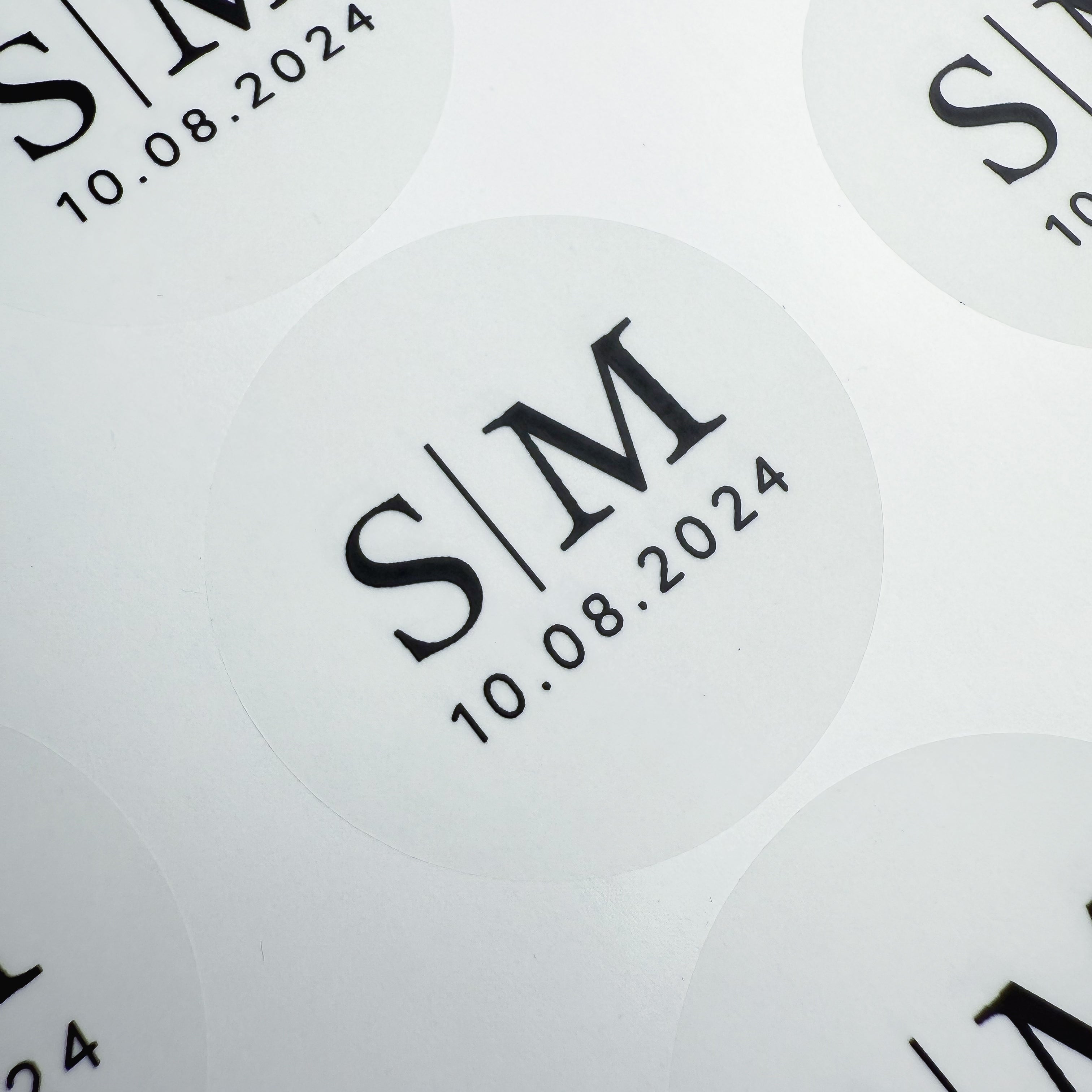 Personalised Initial Monogram Wedding Stickers with date in a Frosted & Black Print finish