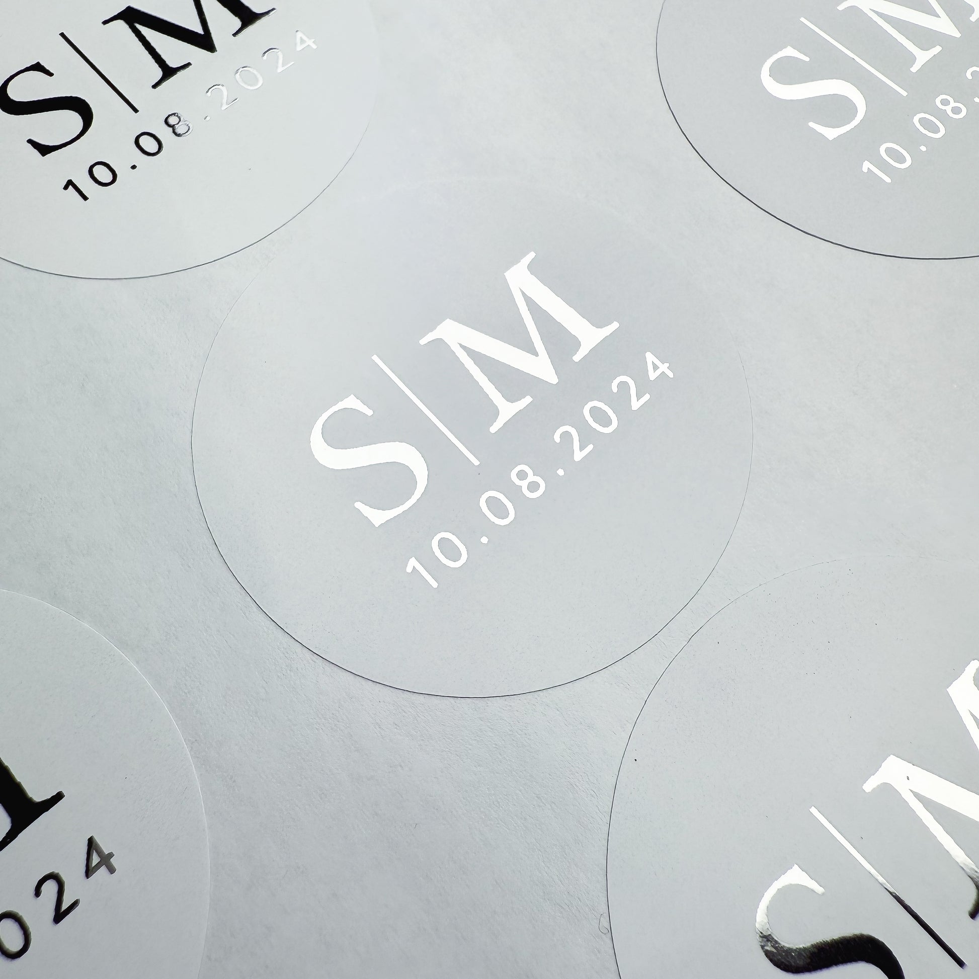 Personalised Initial Monogram Wedding Stickers with date in a white and silver finish