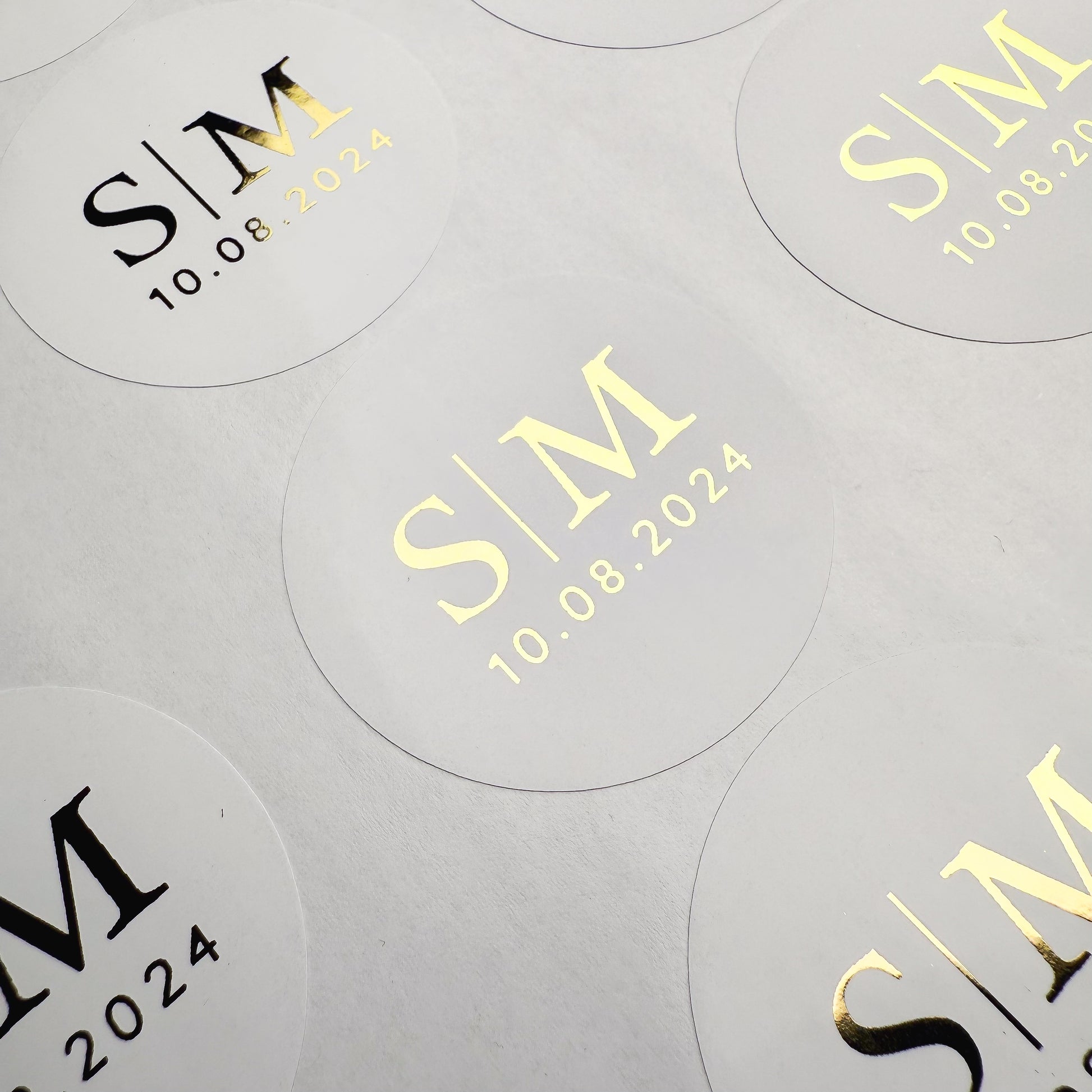 Personalised Initial Monogram Wedding Stickers with date in a White & Gold finish