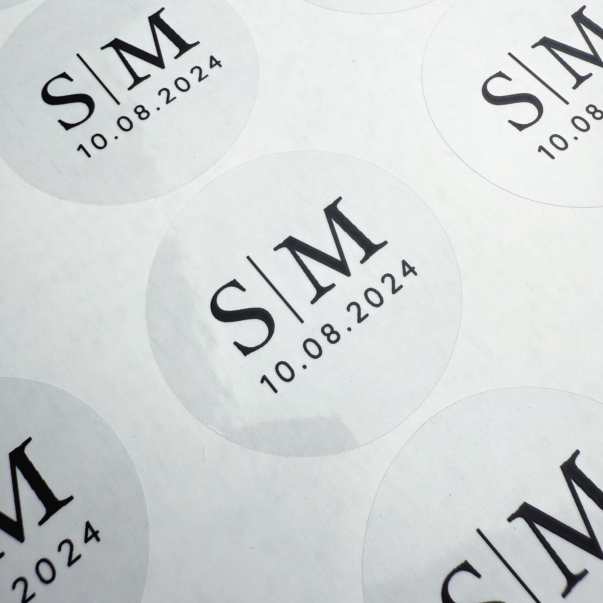 Personalised Initial Monogram Wedding Stickers with date in a Clear & Black Print finish