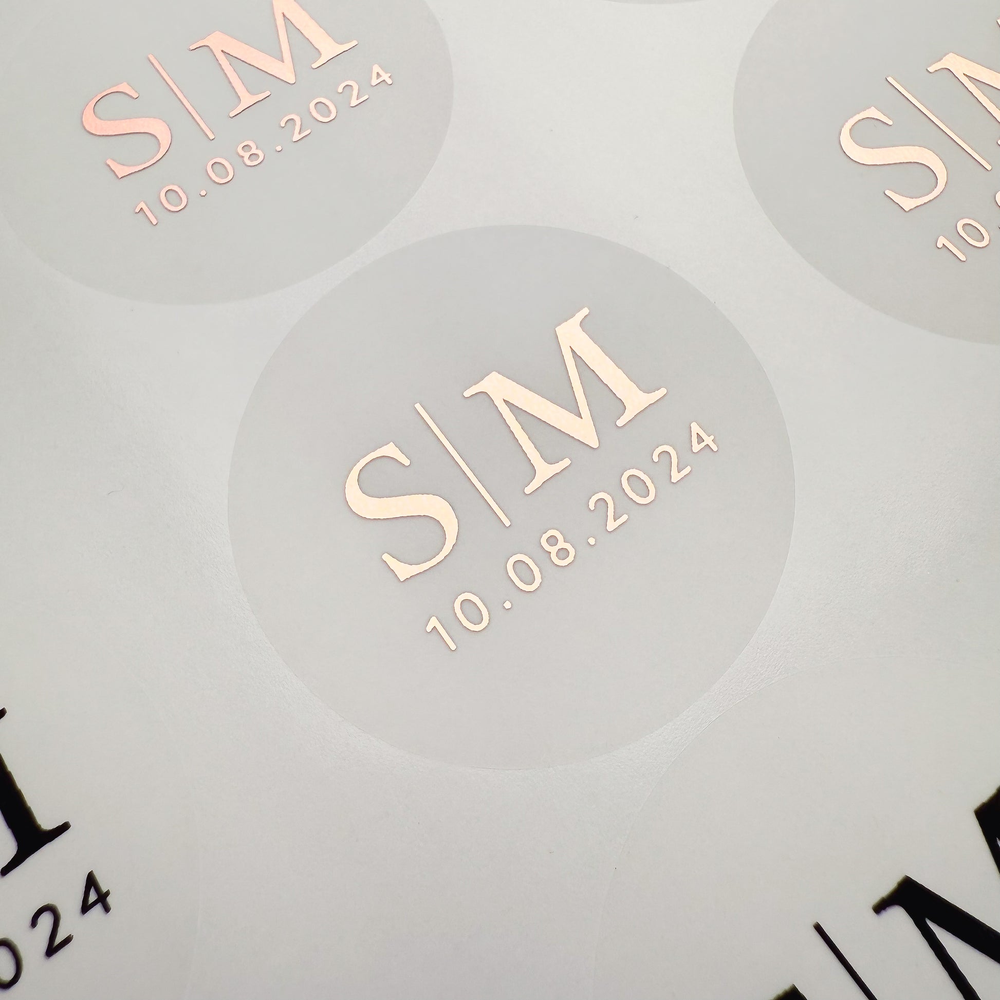 Personalised Initial Monogram Wedding Stickers with date in a frosted and rose gold finish