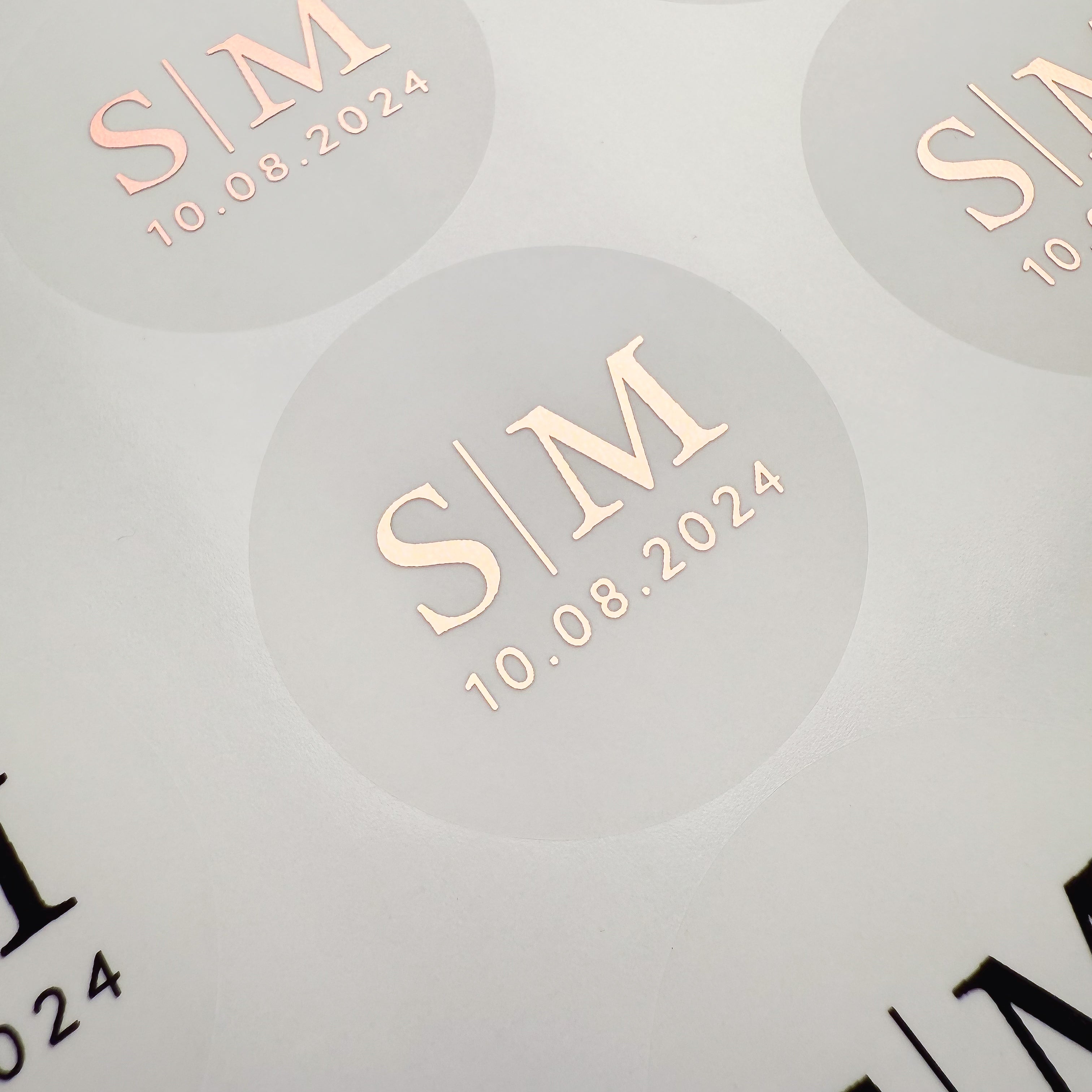 Personalised Initial Monogram Wedding Stickers with date in a frosted and rose gold finish