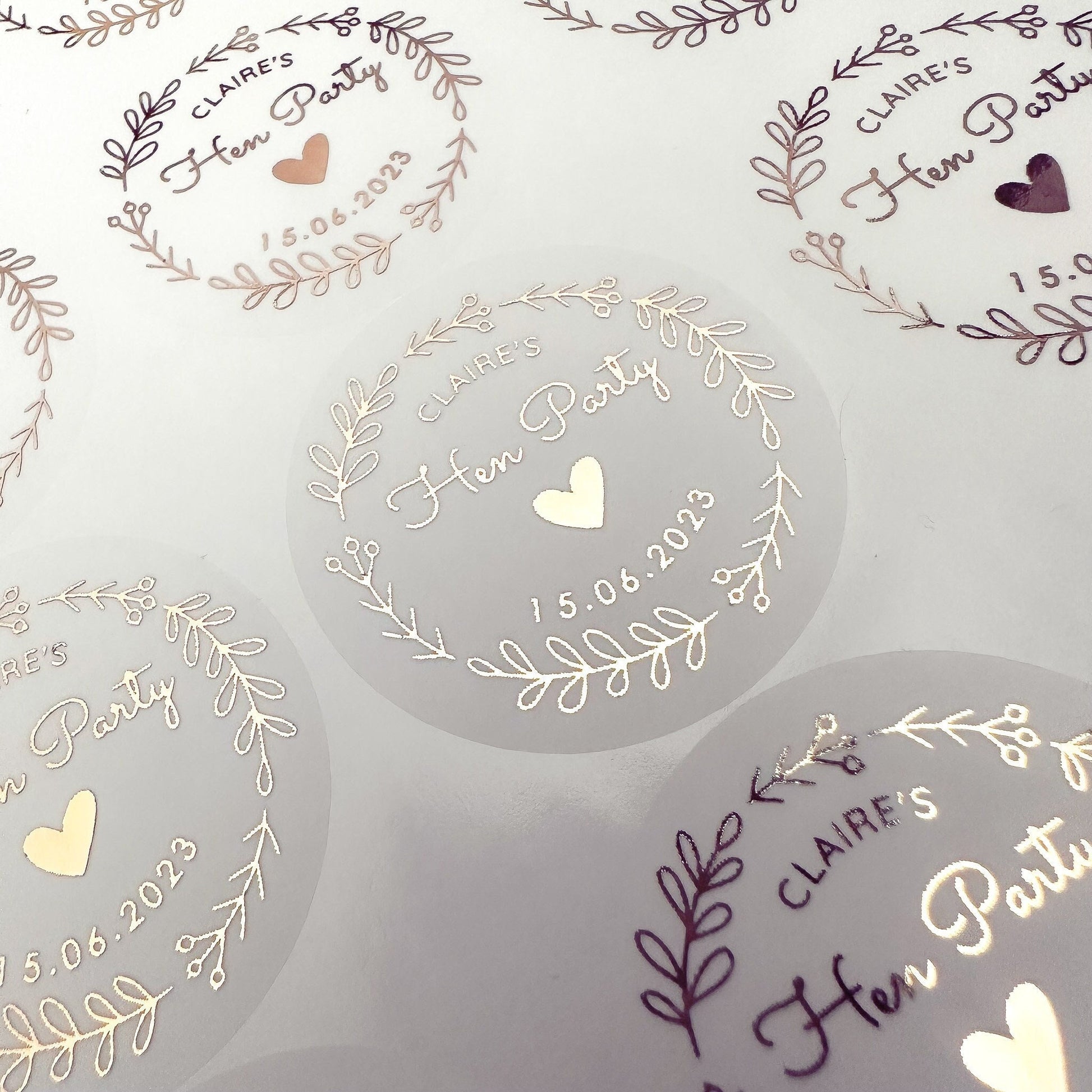 Personalised Floral Hen Party Stickers in Frosted & Rose Gold finish