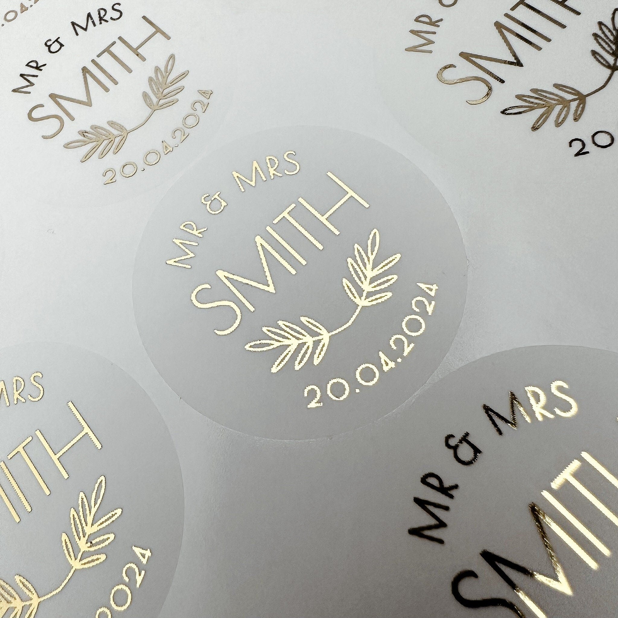 Personalised_Mr_Mrs_Wedding_Stickers, Foiled wedding stickers, Personalised Wedding Favour Stickers, Real Foil gold monogram stickers, Frosted envelope Stickers, envelope seals