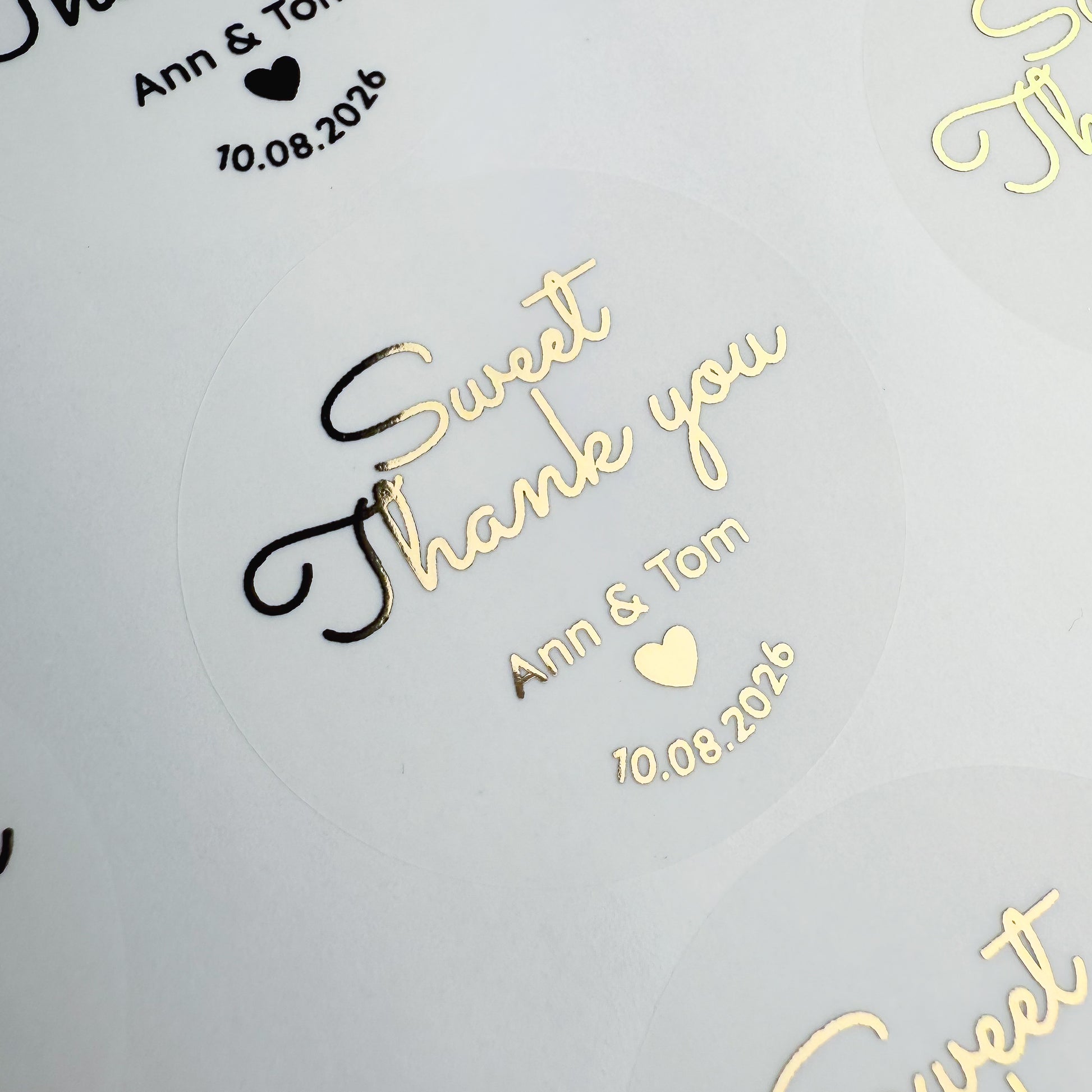Personalised 'sweet thank you' Wedding favour Stickers with names and date