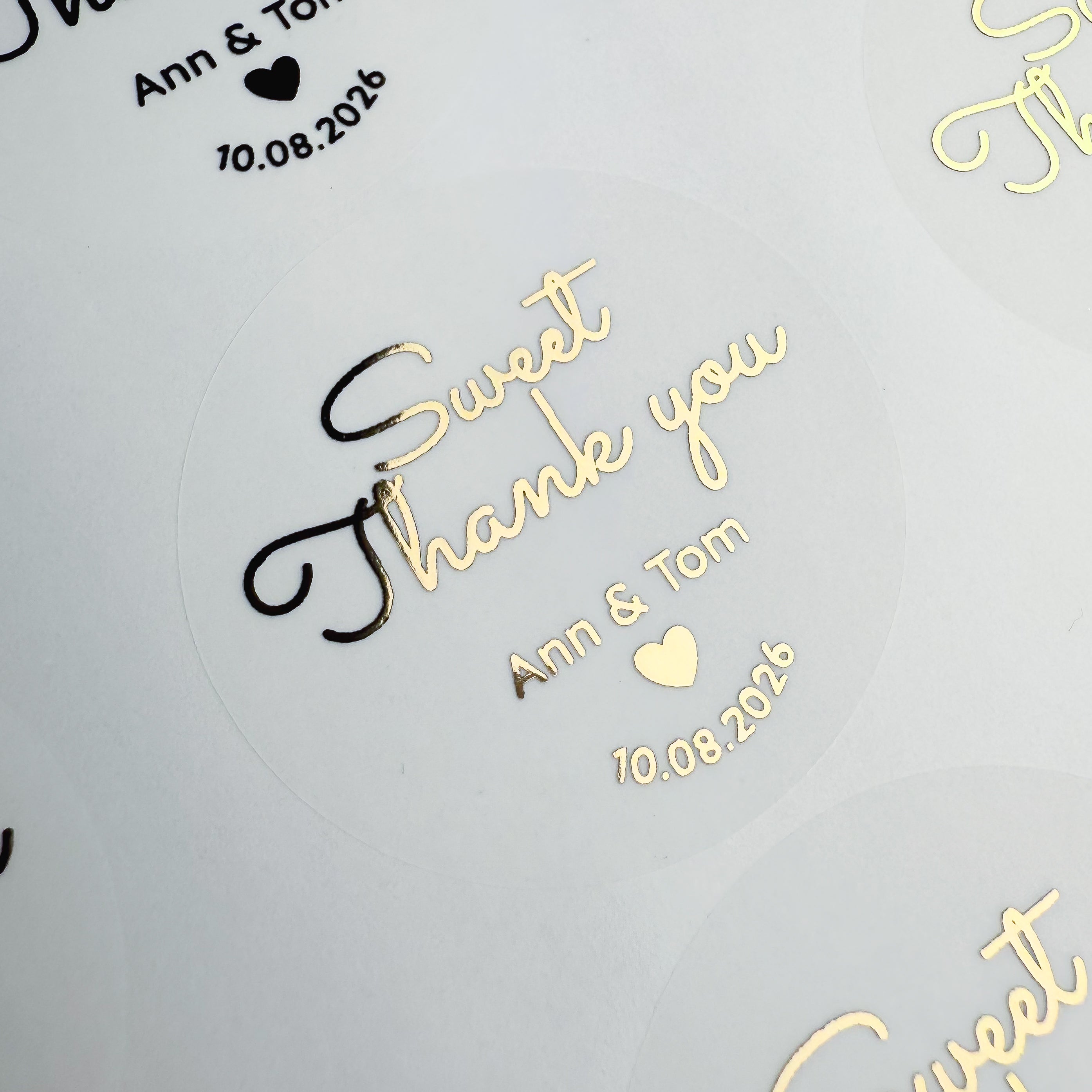 Personalised 'sweet thank you' Wedding favour Stickers with names and date