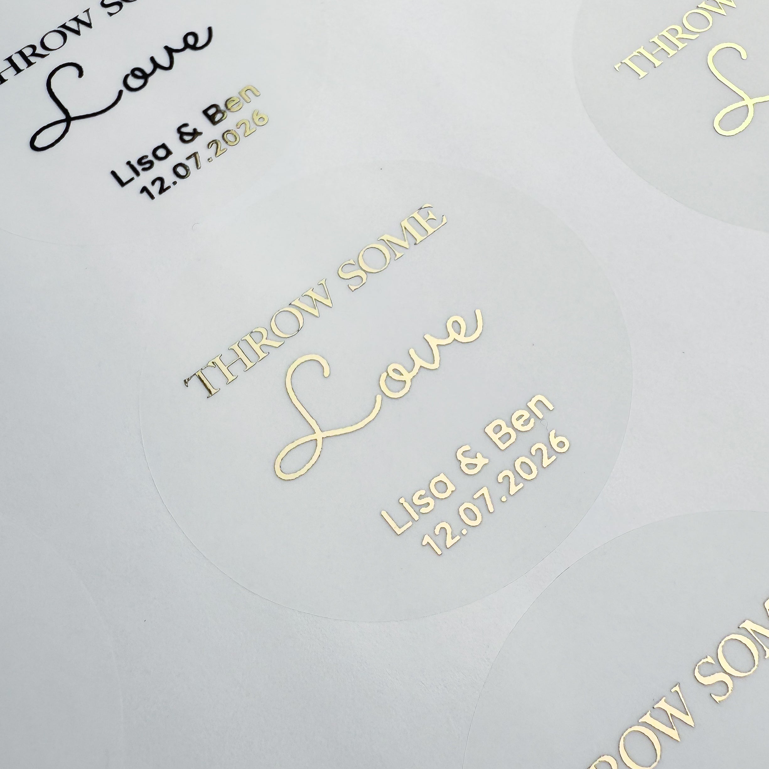 Personalised 'throw some love' Wedding Stickers with names and date