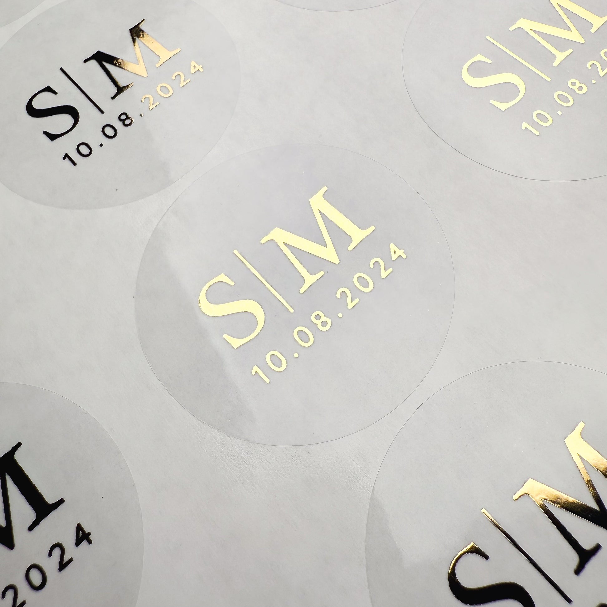 Personalised Initial Monogram Wedding Stickers with date in a clear and gold finish