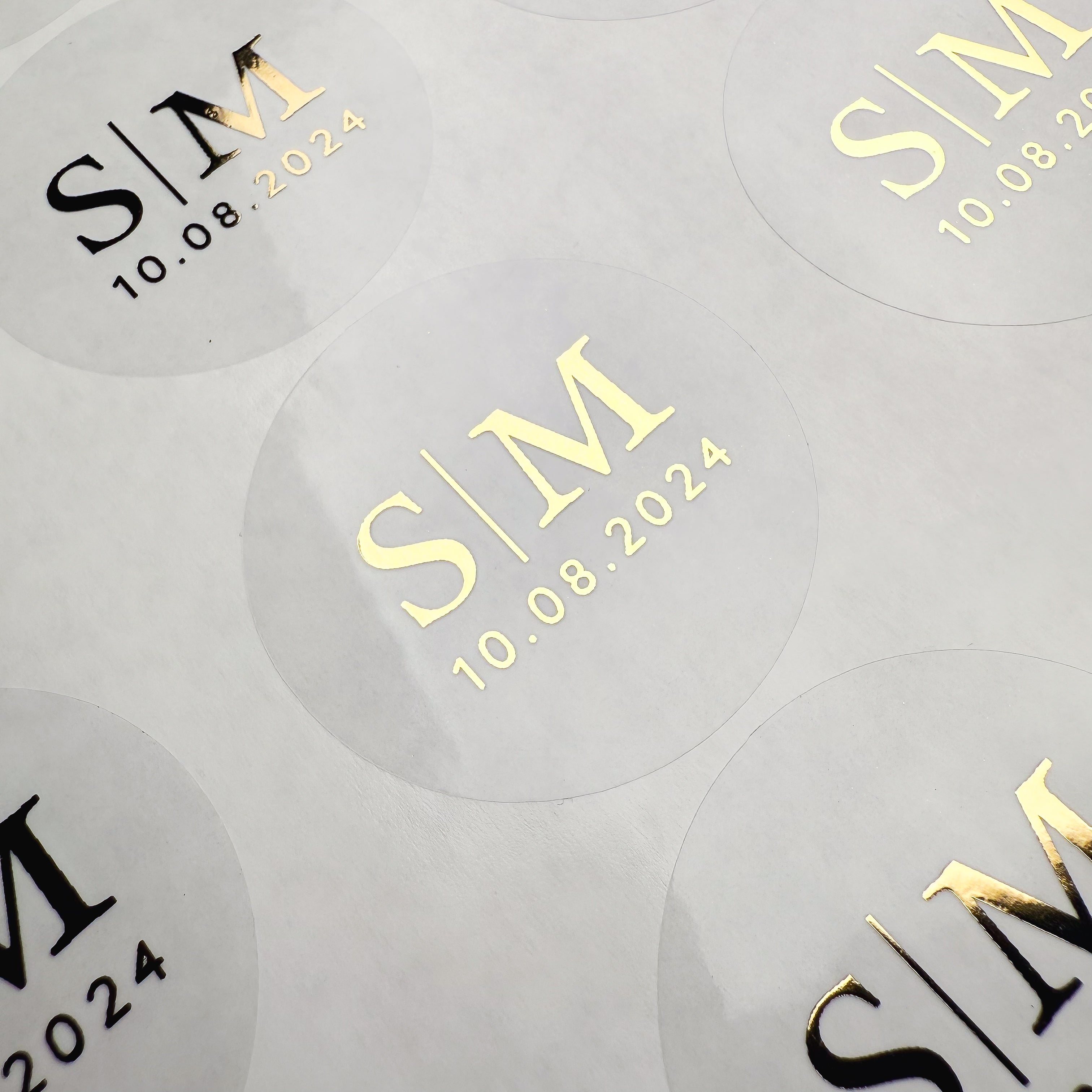 Personalised Initial Monogram Wedding Stickers with date in a clear and gold finish