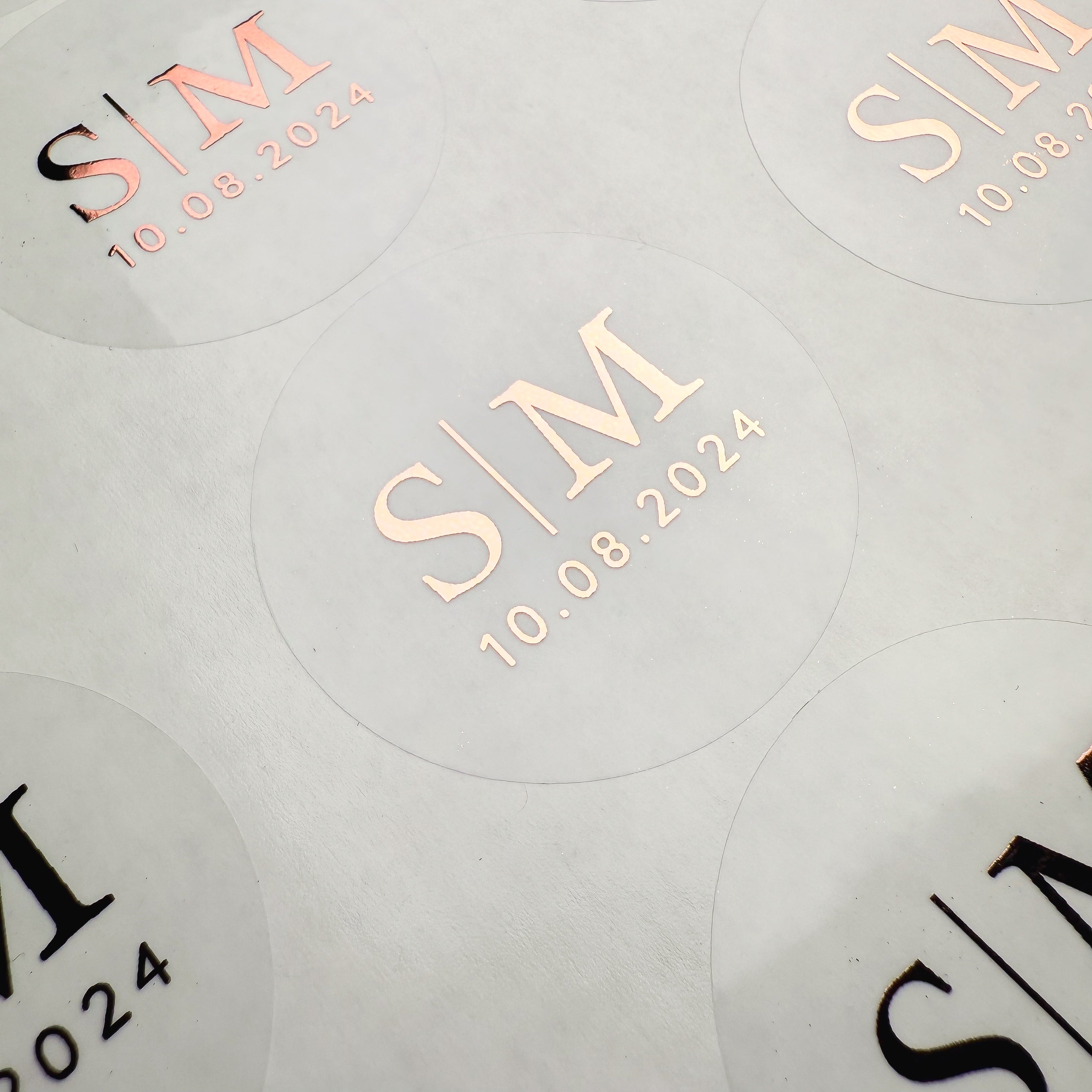 Personalised Initial Monogram Wedding Stickers with date in a clear and rose gold finish