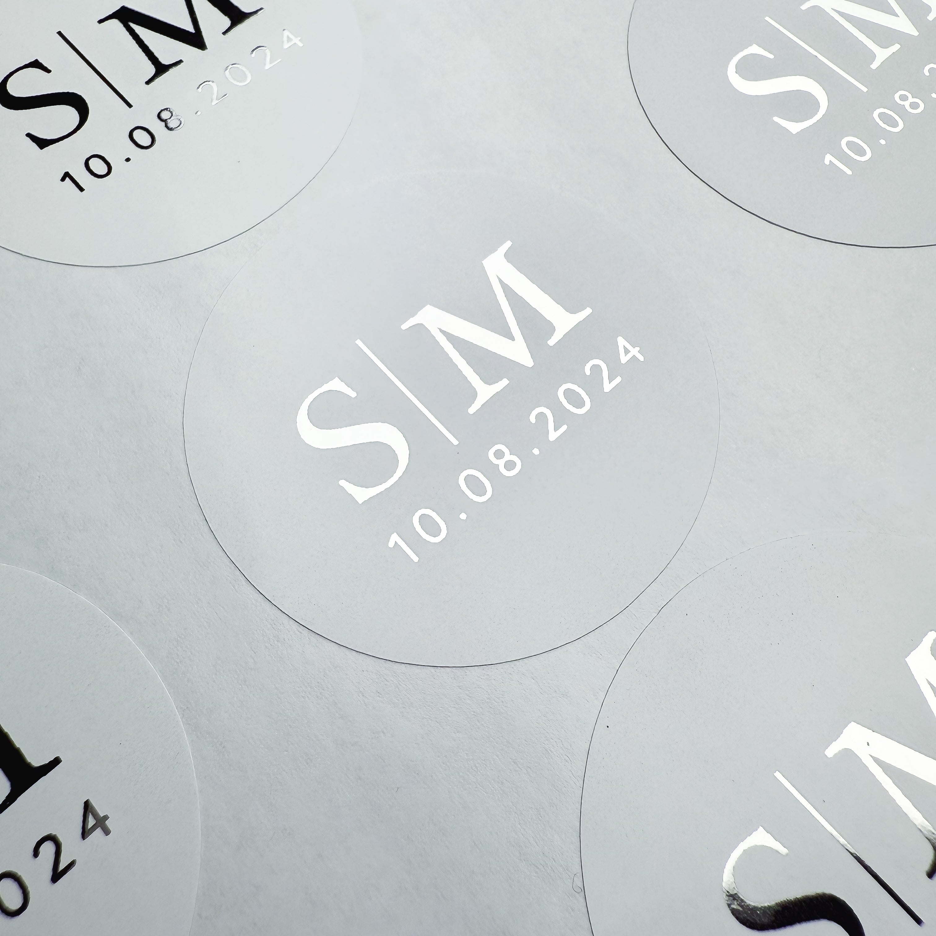 Personalised Initial Monogram Wedding Stickers with date in a white and silver finish