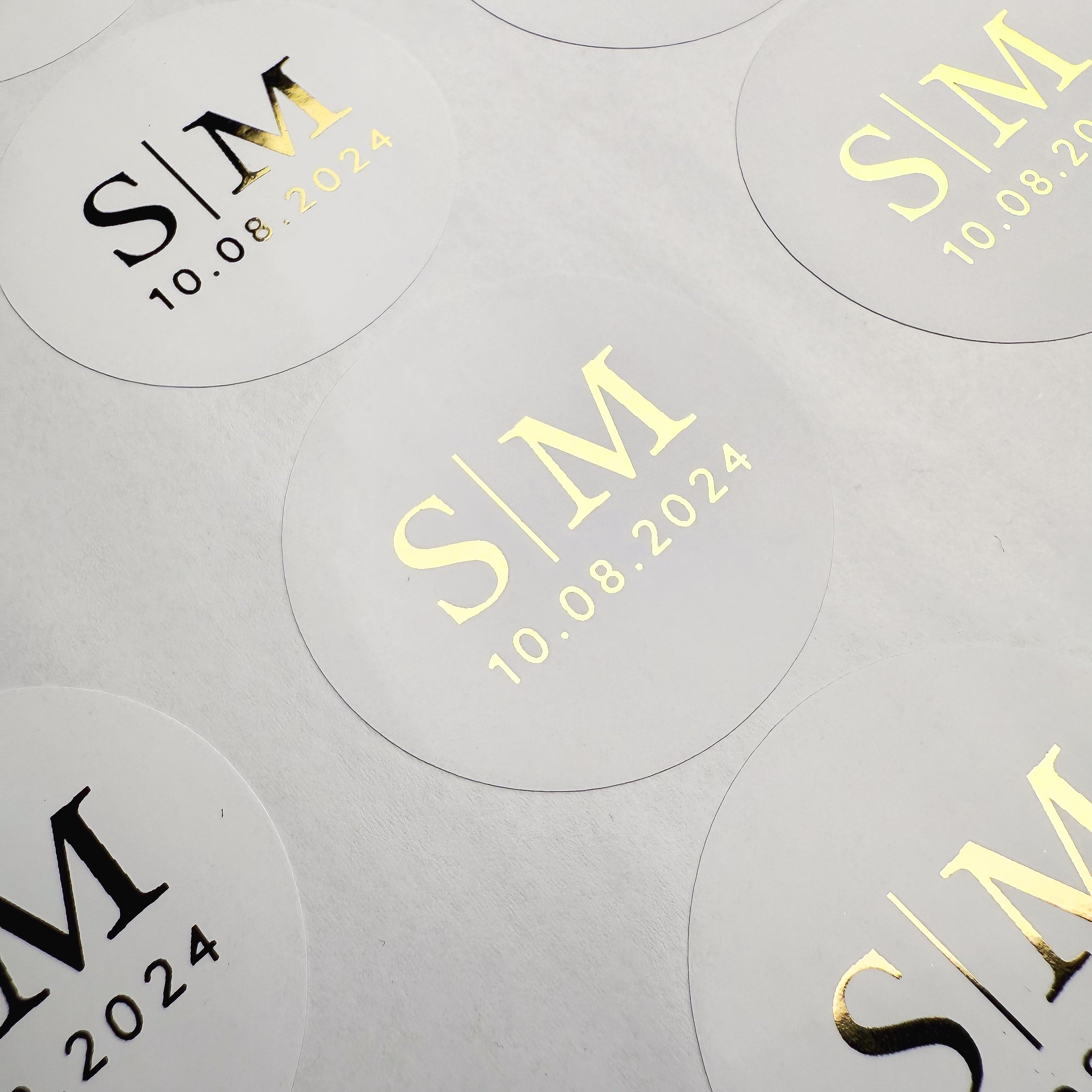 Personalised Initial Monogram Wedding Stickers with date in a White & Gold finish