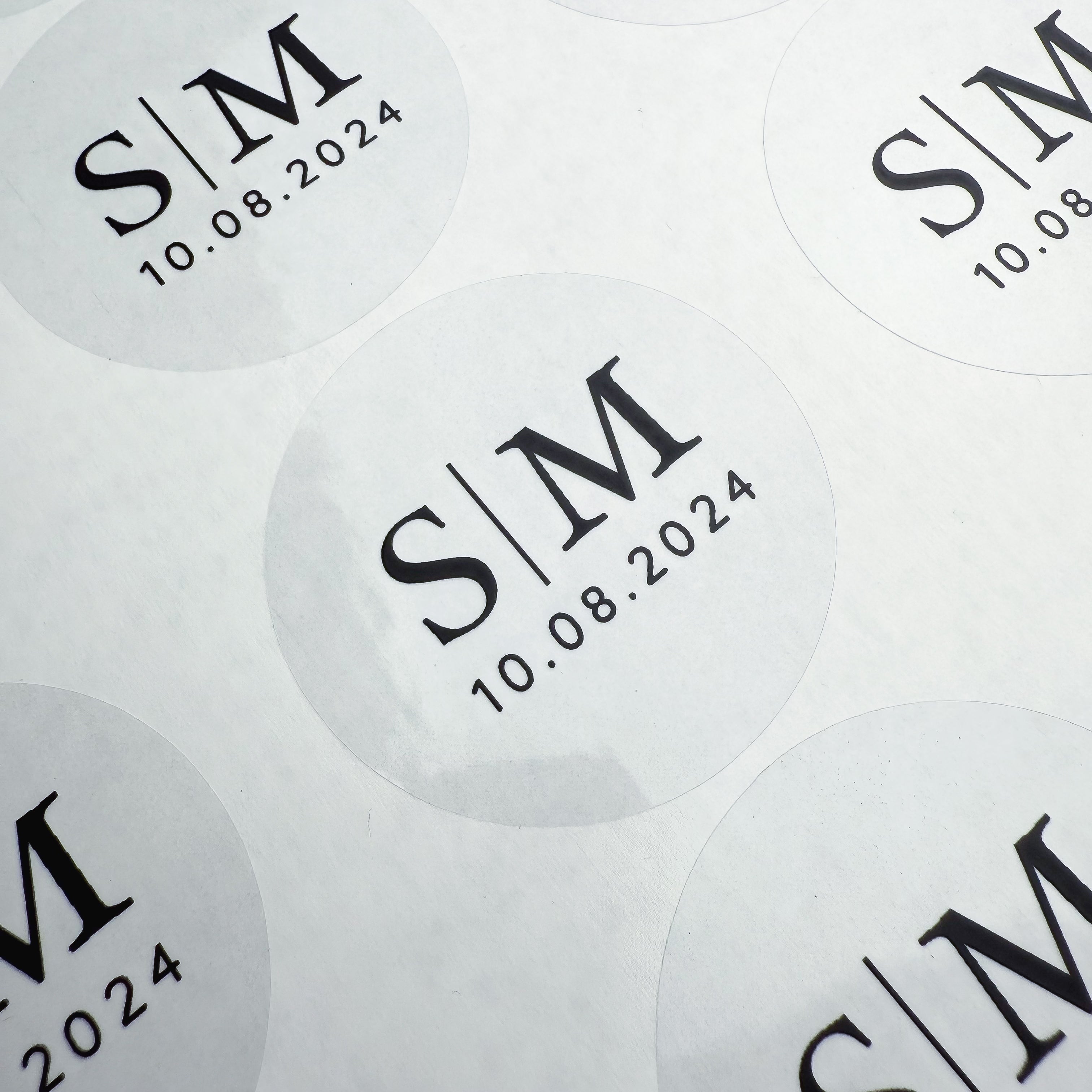 Personalised Initial Monogram Wedding Stickers with date in a Clear & Black Print finish