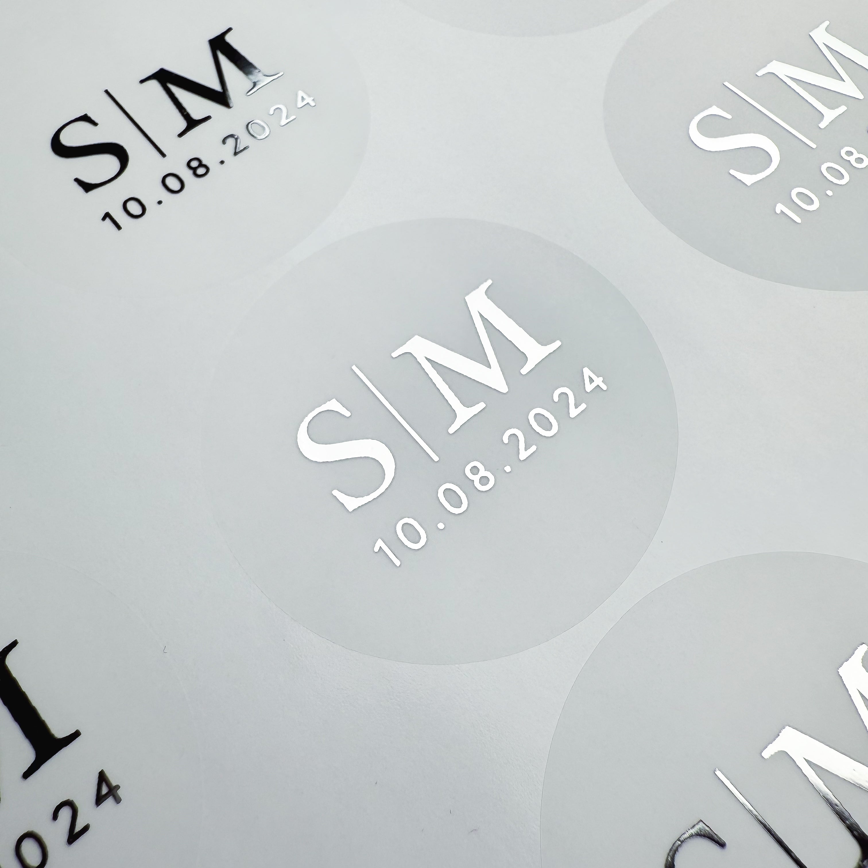 Personalised Initial Monogram Wedding Stickers with date in a Frosted & Silver finish