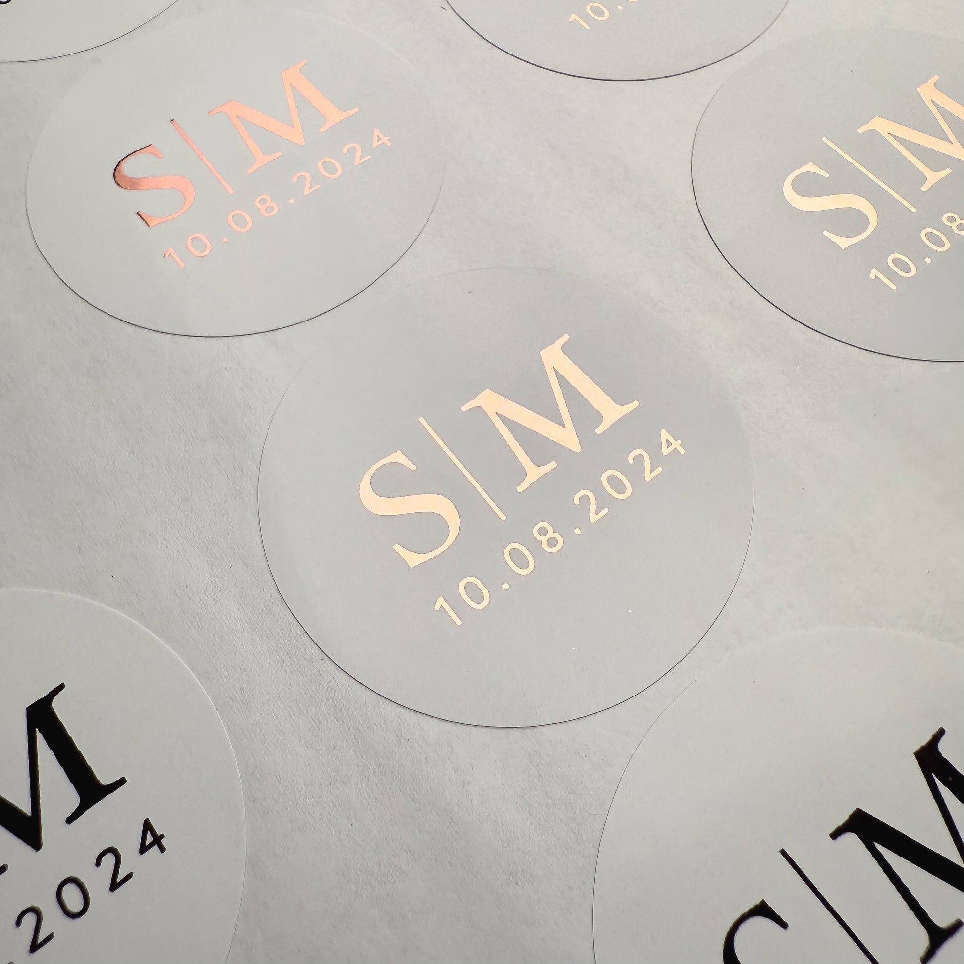 Personalised Initial Monogram Wedding Stickers with date in a White & Rose Gold finish