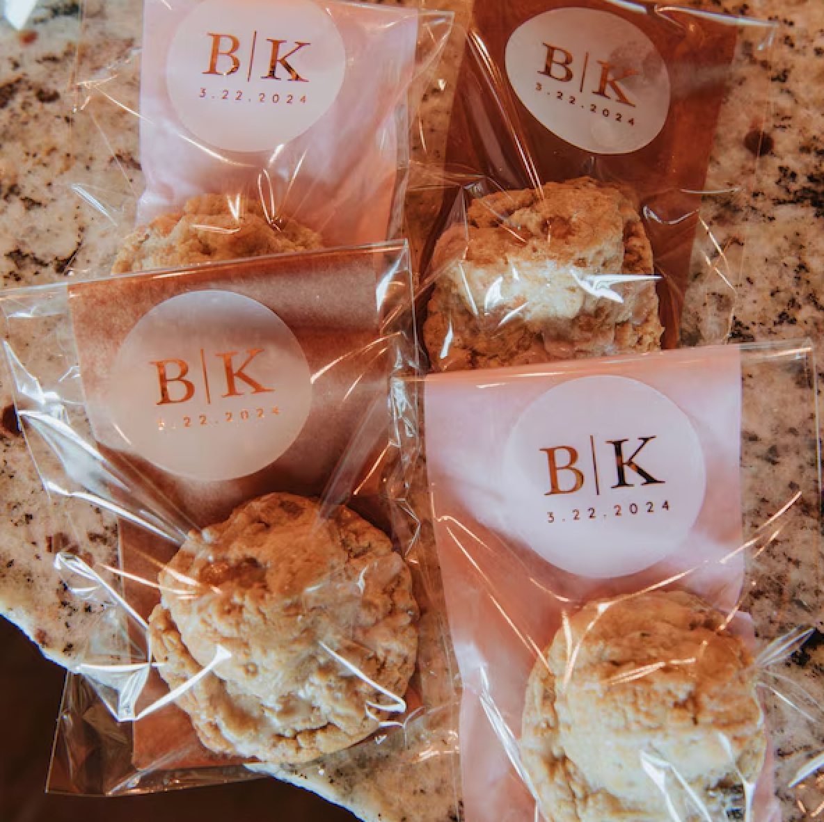 Customer photo showing cookie favour Treat Bags with Classic initial Wedding Stickers