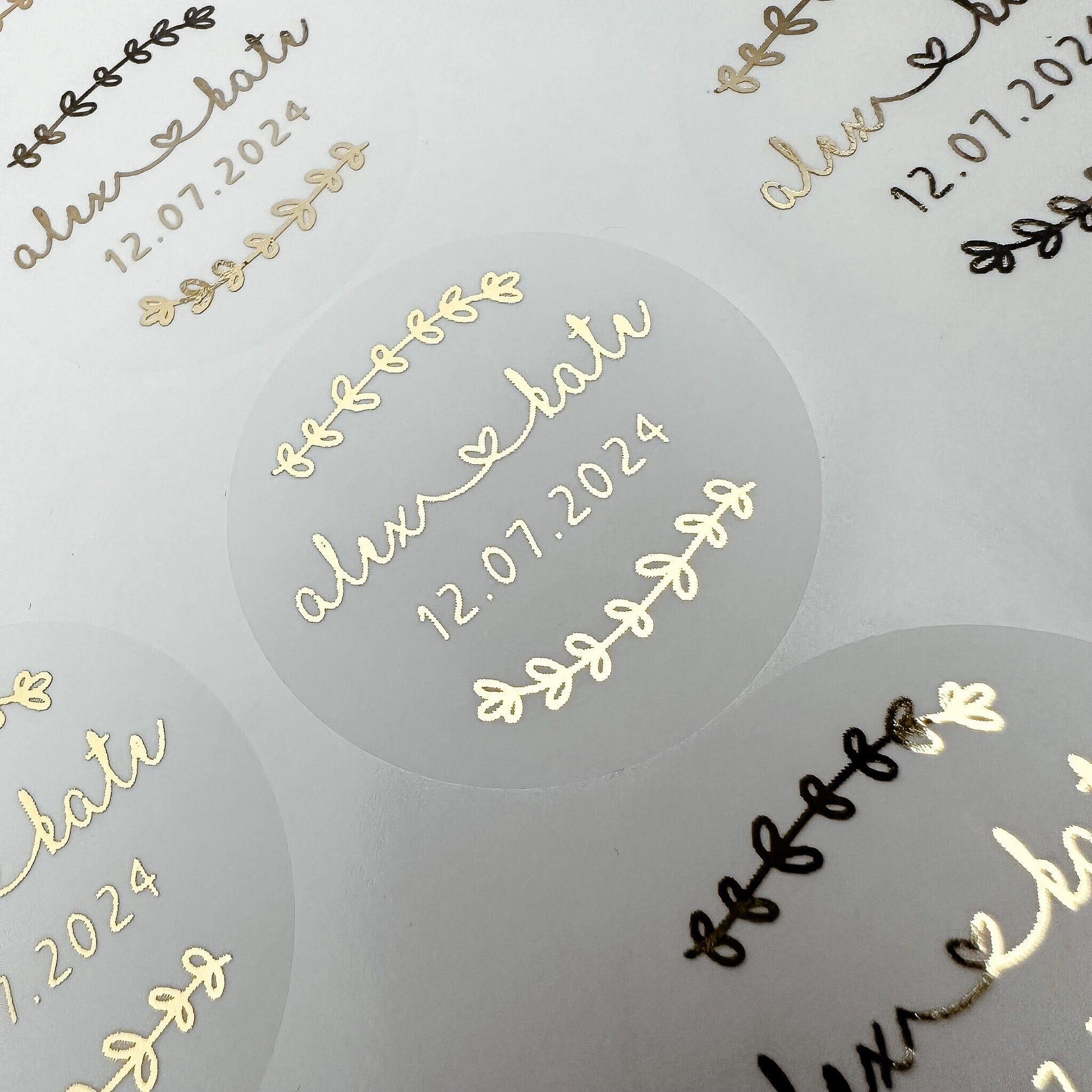 Country Wedding Personalised Stickers, Foiled wedding stickers, Personalised Wedding Favour Stickers, Real Foil gold monogram stickers, Frosted envelope Stickers, envelope seals