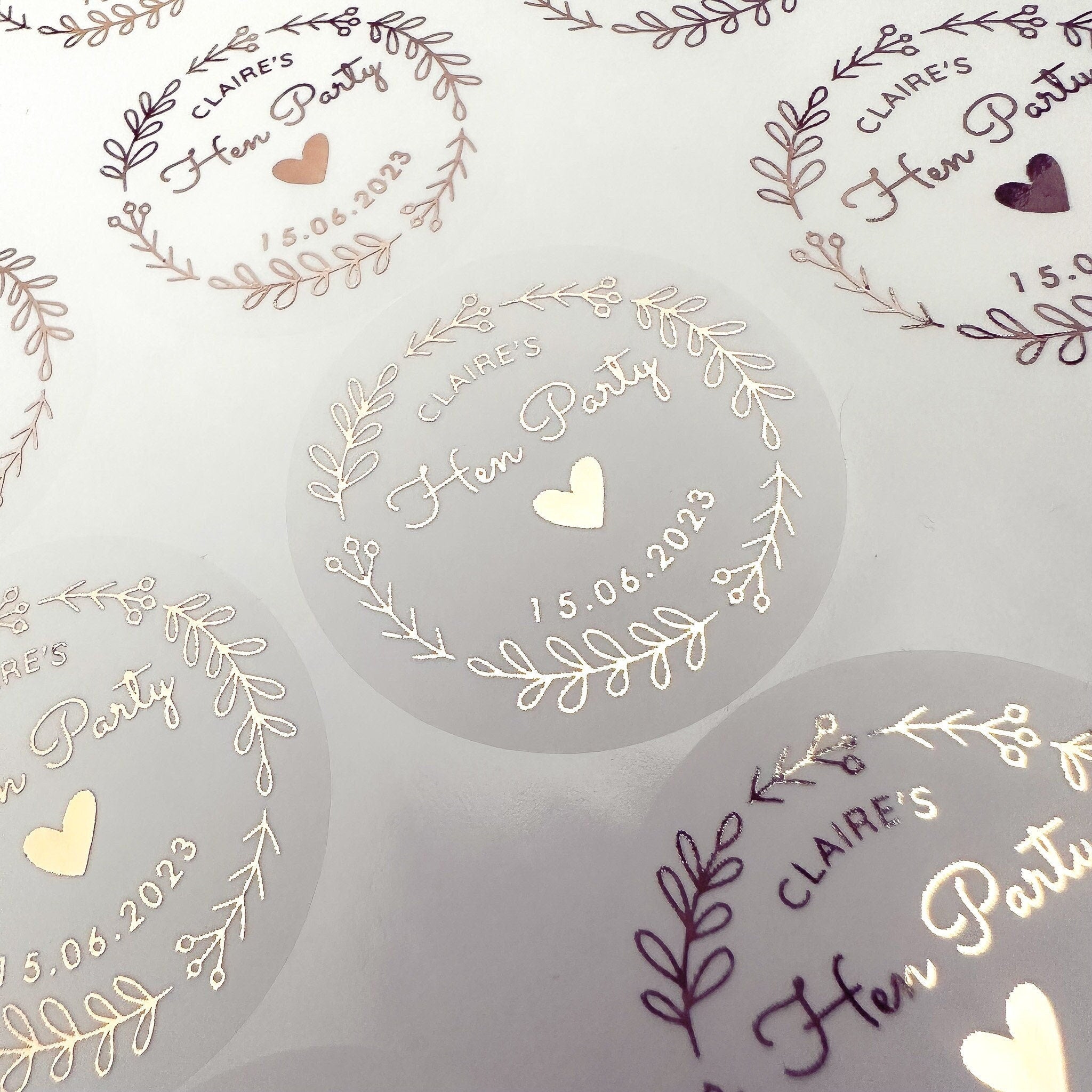 Personalised Floral Hen Party Stickers in Frosted & Rose Gold finish