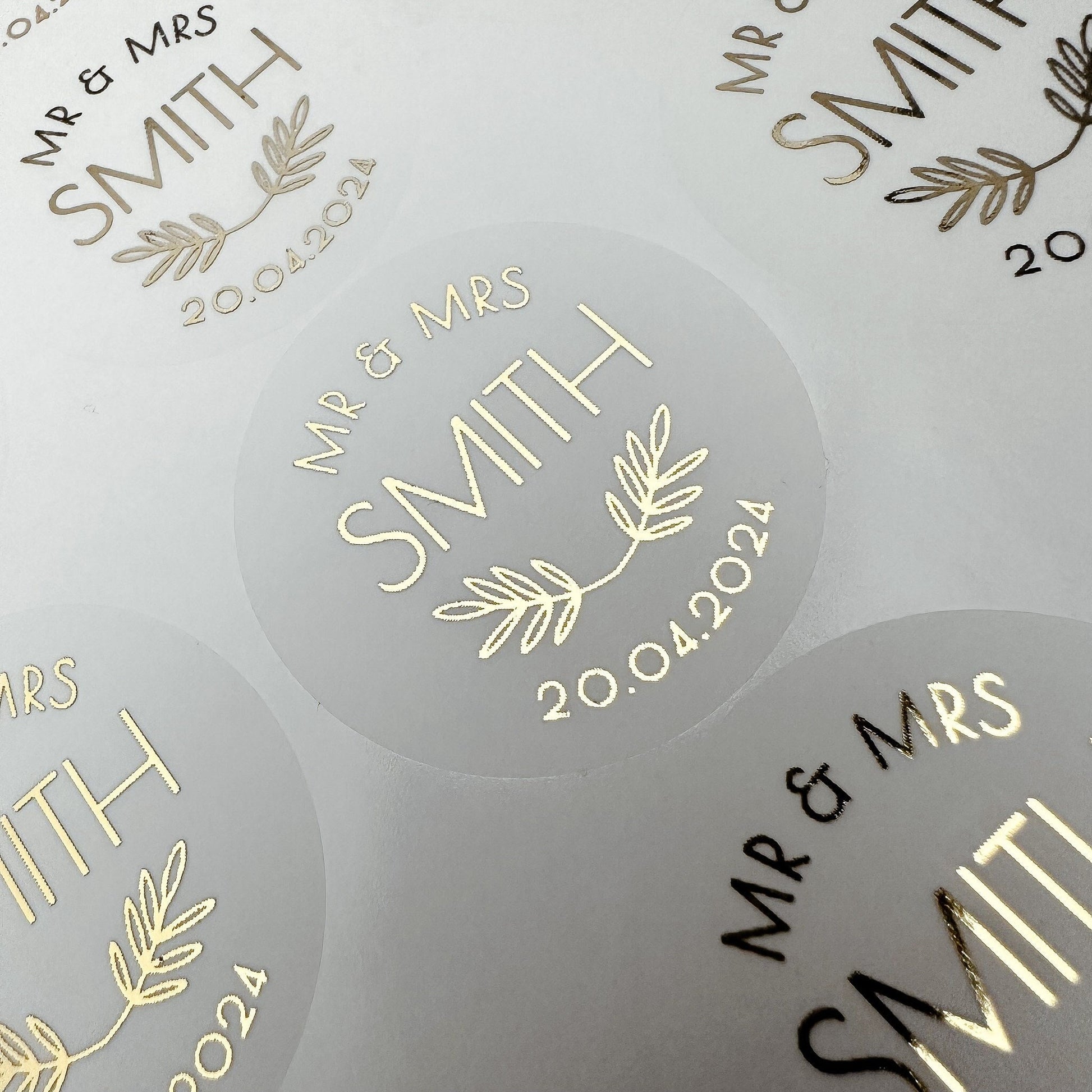 Personalised_Mr_Mrs_Wedding_Stickers, Foiled wedding stickers, Personalised Wedding Favour Stickers, Real Foil gold monogram stickers, Frosted envelope Stickers, envelope seals