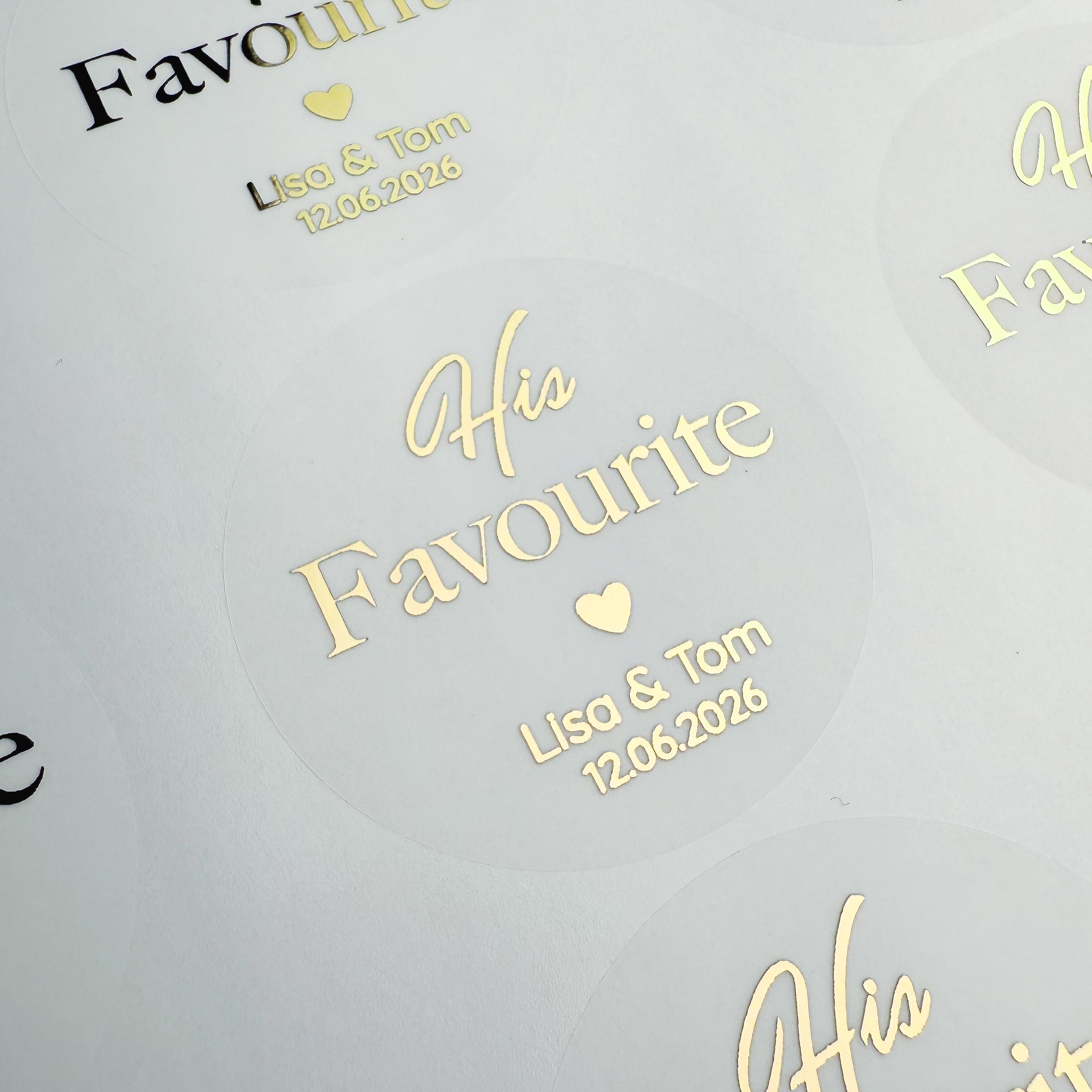 Personalised 'his favourite' Wedding Stickers with names and date moving to show the high shine gold foil finish