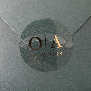 customer photo showing classic initial wedding sticker in clear and gold finish used as an wedding envelope seal
