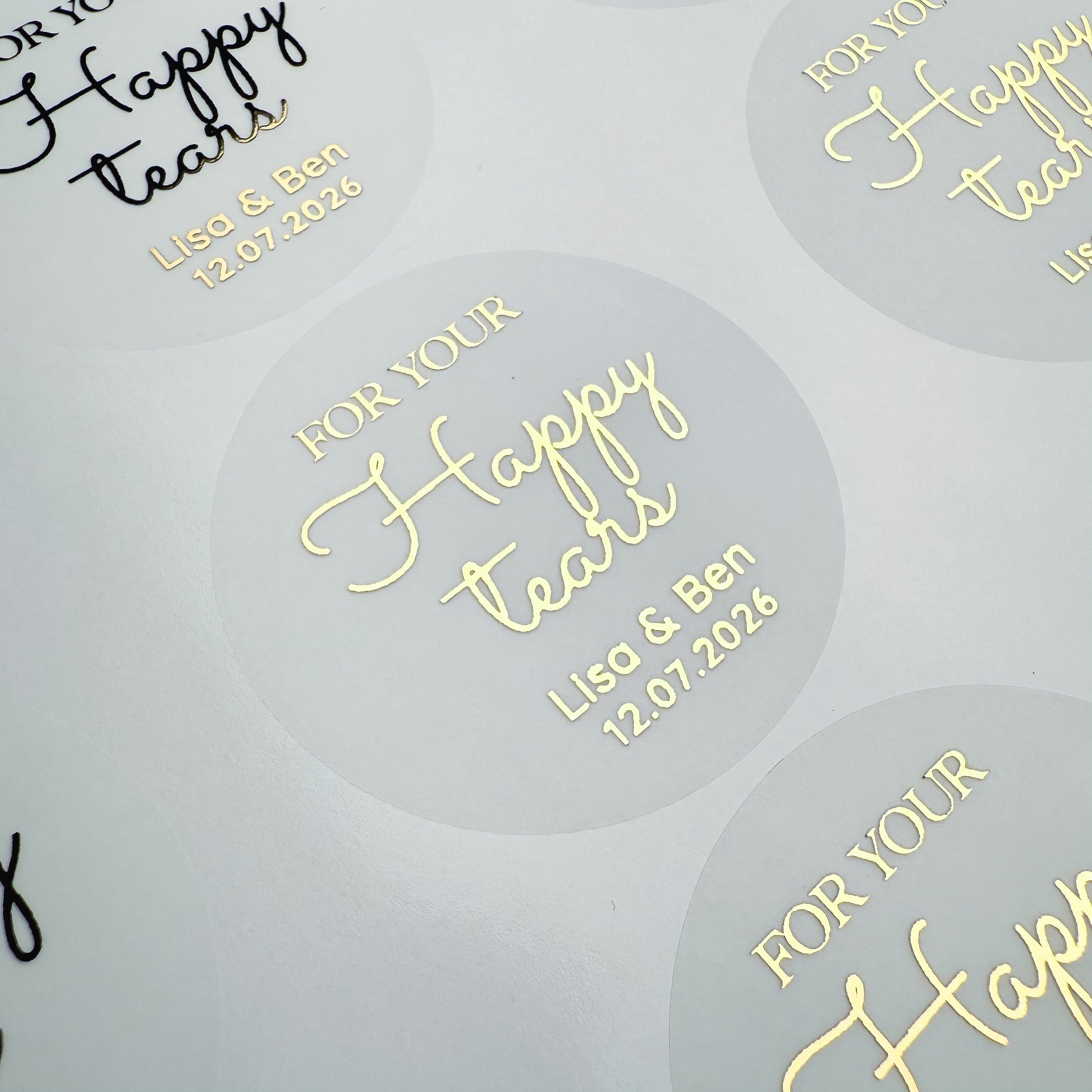 Personalised 'happy tears' Wedding Stickers with names and date