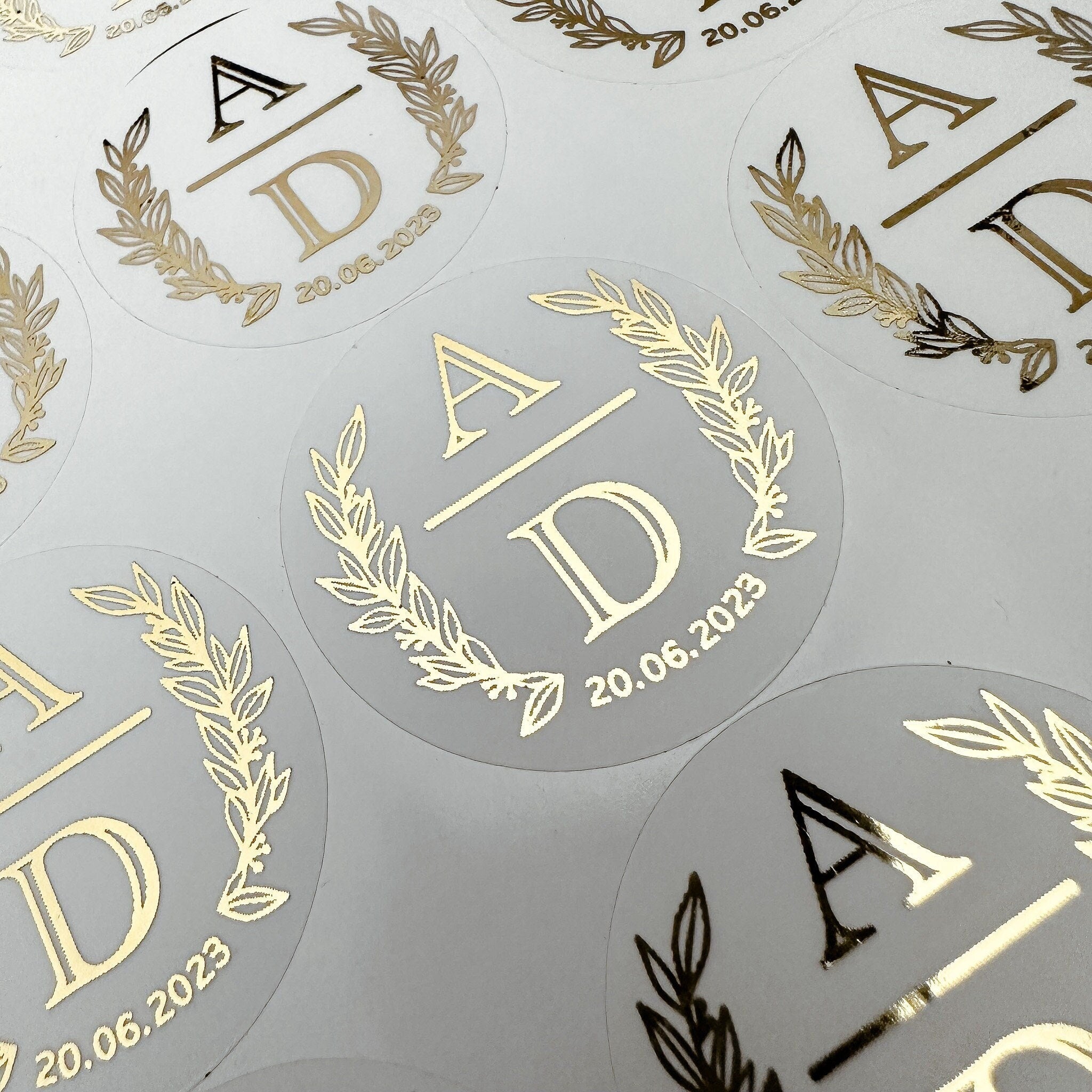 Foiled Wedding Initial Stickers, Personalised Wedding Favour Stickers, Real Foil Gold monogram stickers, Frosted Envelope Stickers Seals