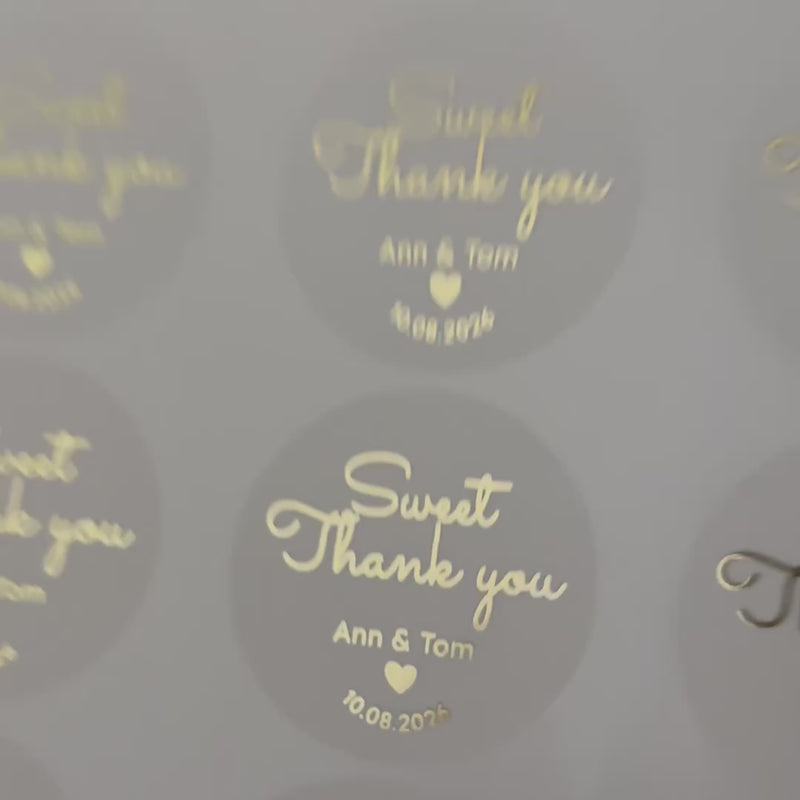 Personalised 'sweet thank you' Wedding favour Stickers with names and date moving to show the high shine gold foil finish