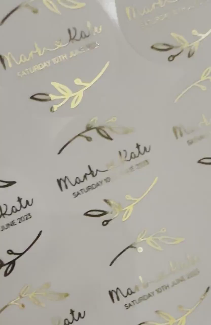 Load video: Foiled wedding stickers, Personalised Wedding Favour Stickers, Real Foil gold monogram stickers, Frosted envelope Stickers,  envelope seals