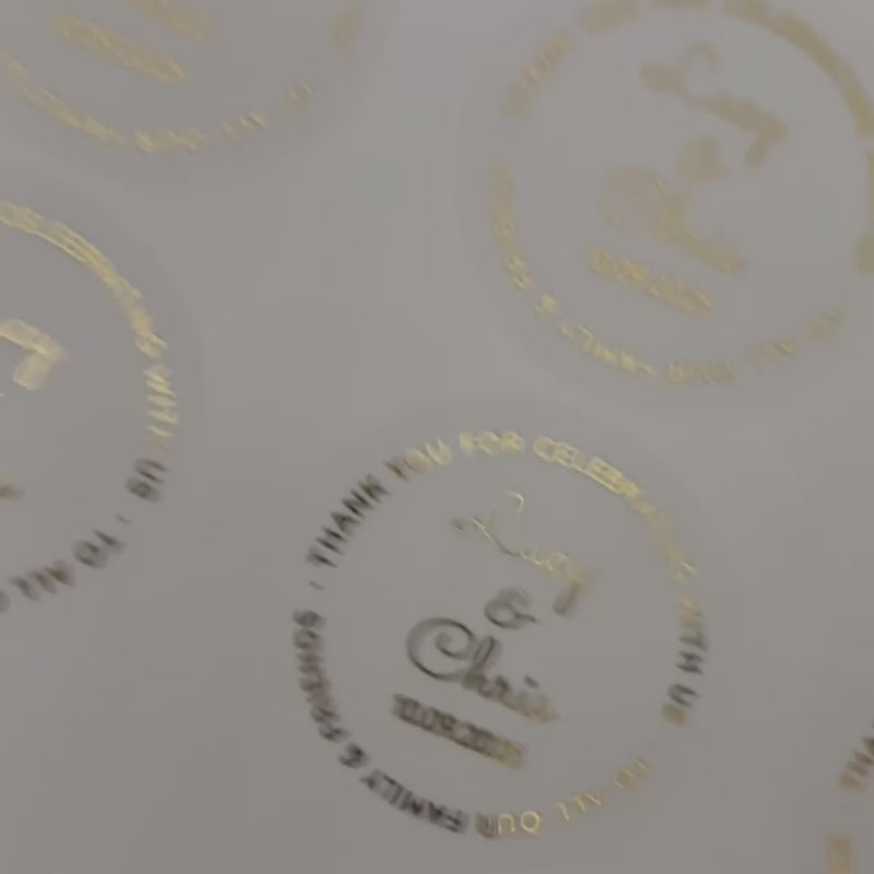 Personalised Wedding Favour Stickers with names moving to show the high shine gold foil finish