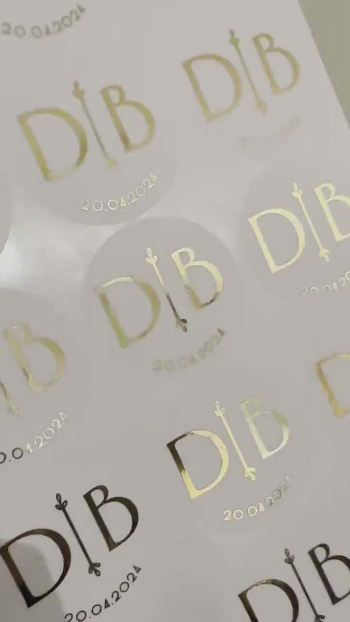 Load video: Foiled Wedding Initial Stickers, Personalised Wedding Favour Stickers, Real Foil Gold monogram stickers, Frosted Envelope Stickers Seals