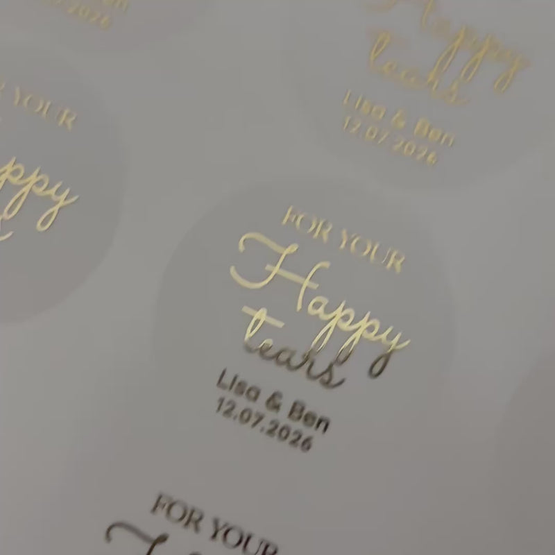 Personalised 'happy tears' Wedding Stickers with names and date moving to show the high shine gold foil finish