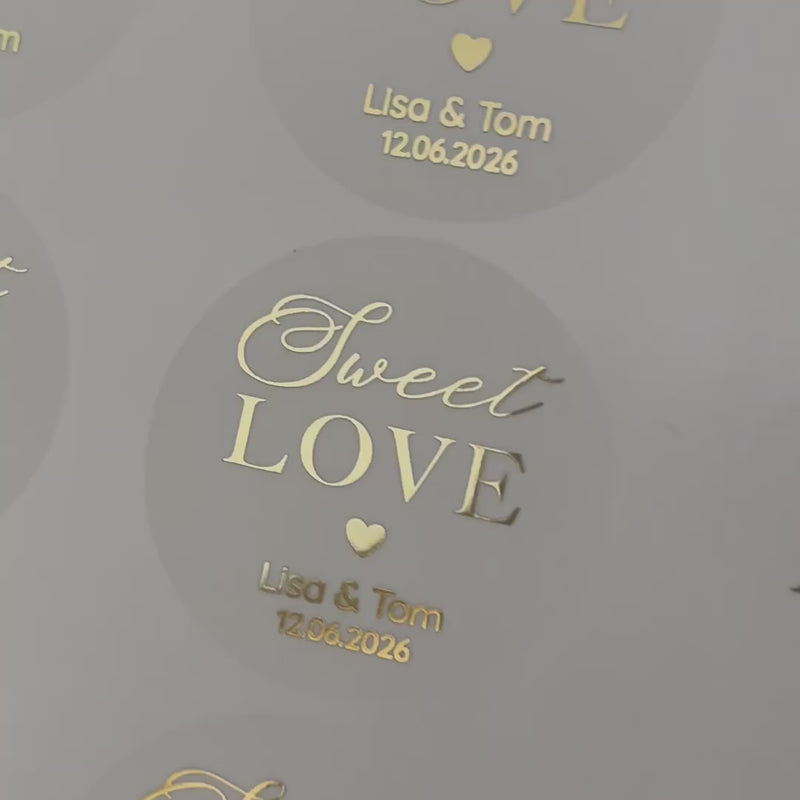 Personalised 'sweet love' Wedding favour Stickers moving to show the high shine gold foil finish