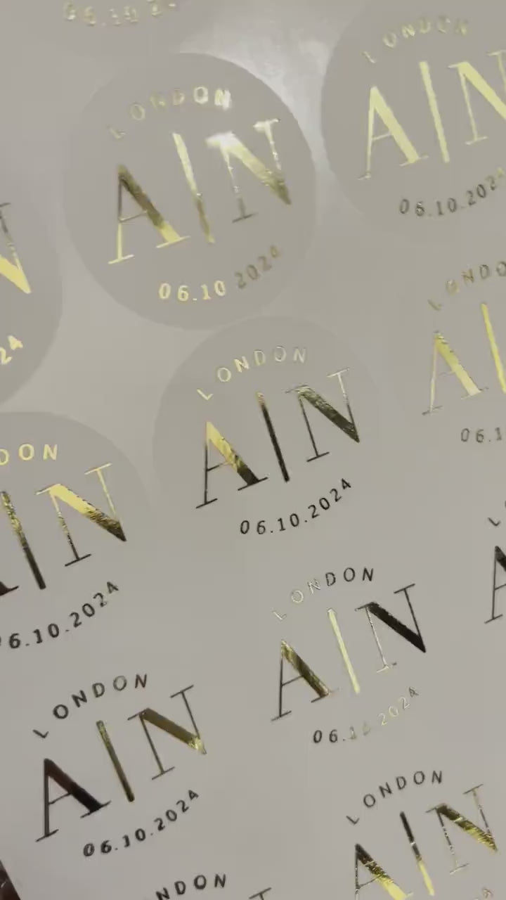 Load video: Foiled Wedding Initial Stickers, Personalised Wedding Favour Stickers, Real Foil Gold monogram stickers, Frosted Envelope Stickers Seals