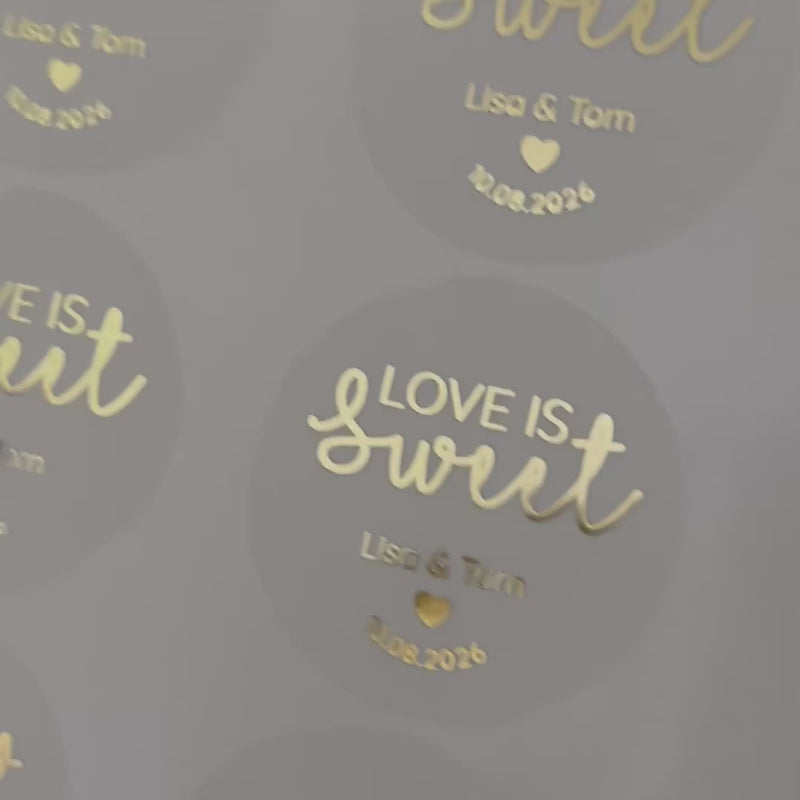 Personalised 'love is sweet' Wedding favour Stickers moving to show the high shine gold foil finish
