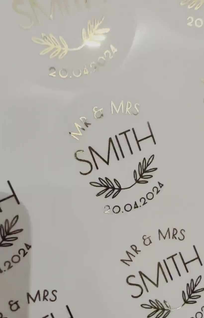 Load video: Foiled wedding stickers, Personalised Wedding Favour Stickers, Real Foil gold monogram stickers, Frosted envelope Stickers,  envelope seals