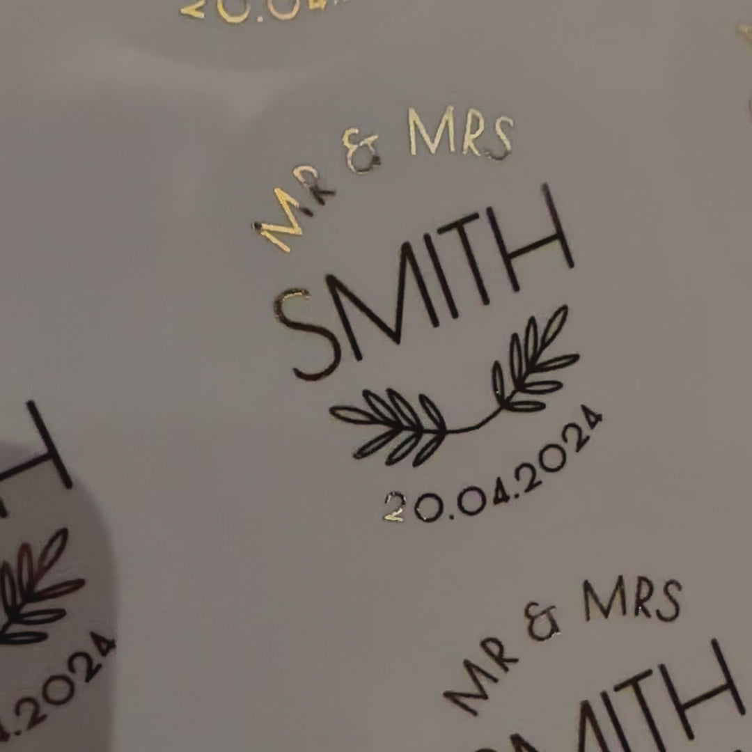 Load video: Personalised Mr &amp; Mrs Wedding Stickers moving to show the high shine gold foil finish