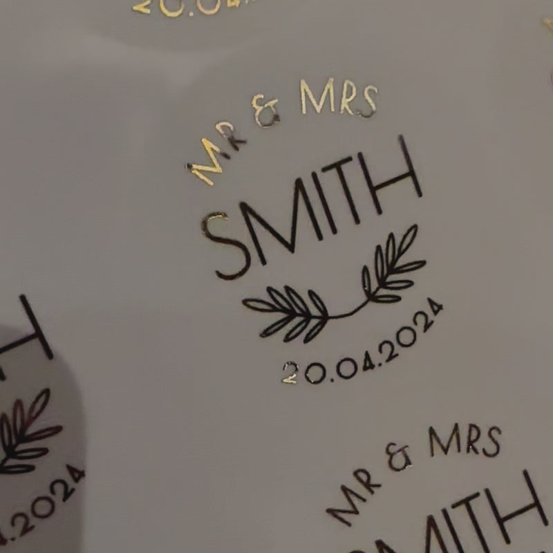 Personalised Mr & Mrs Wedding Stickers moving to show the high shine gold foil finish