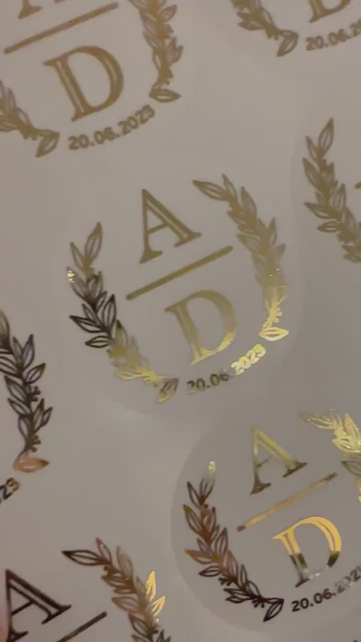 Load video: Foiled Wedding Initial Stickers, Personalised Wedding Favour Stickers, Real Foil Gold monogram stickers, Frosted Envelope Stickers Seals