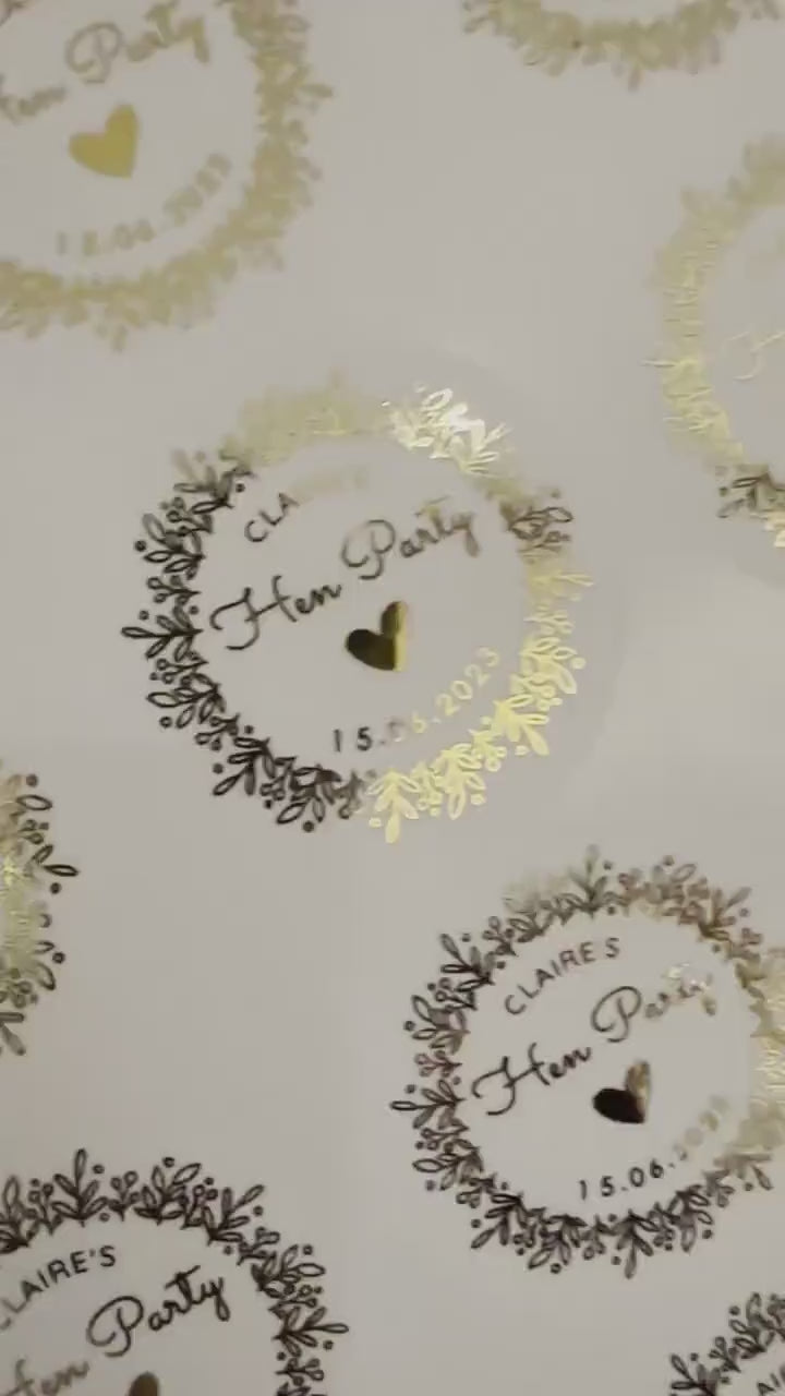 Load video: Personalised Hen Party stickers, Foil Bridal Shower stickers, Hen Do stickers, Gift Bag label, Hen Party Favours, gold event party labels