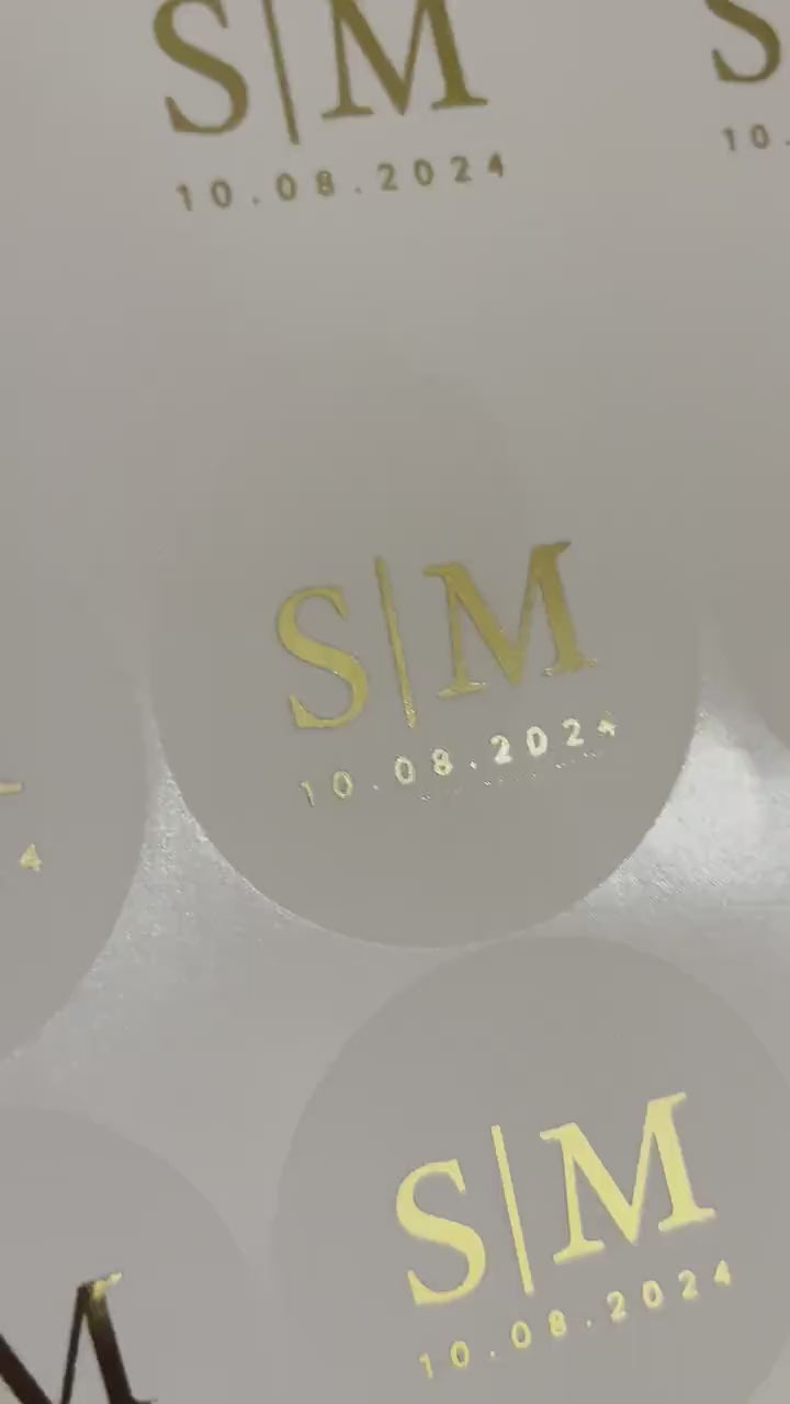 Load video: Foiled Wedding Initial Stickers, Personalised Wedding Favour Stickers, Real Foil Gold monogram stickers, Frosted Envelope Stickers Seals