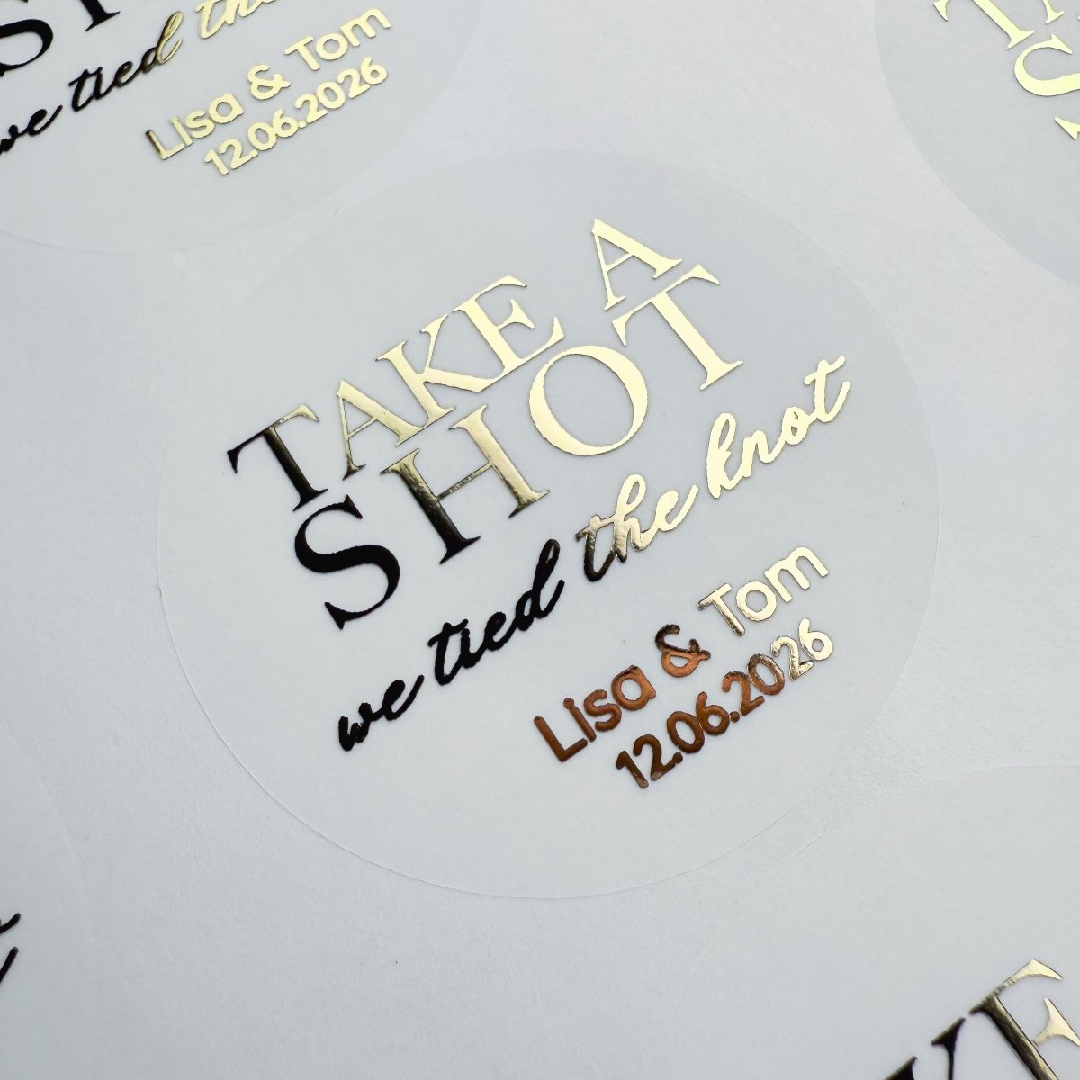 Take A Shot We've Tied The Knot Wedding Stickers - Cosy & Sparkle